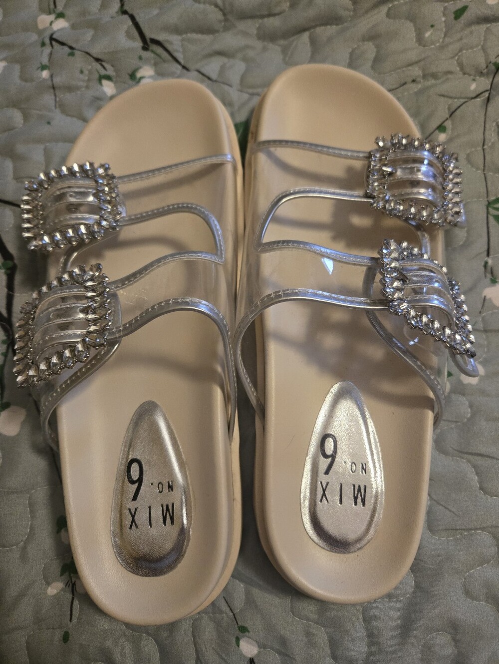 Mix No. 6 Cream and Silver Jeweled Slide Sandals